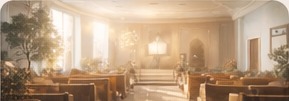 Warm church interior with seating and soft light