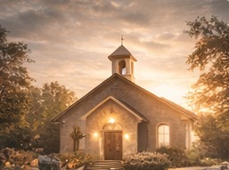 Warm church exterior at sunset